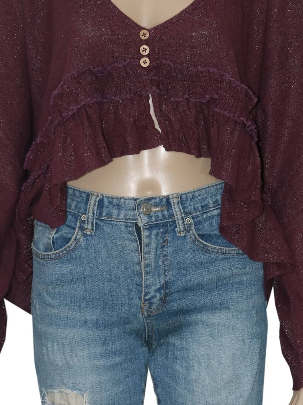 Free People Shimmy Shimmer Blouse Top Long Sleeve Button Plum Ruffle L